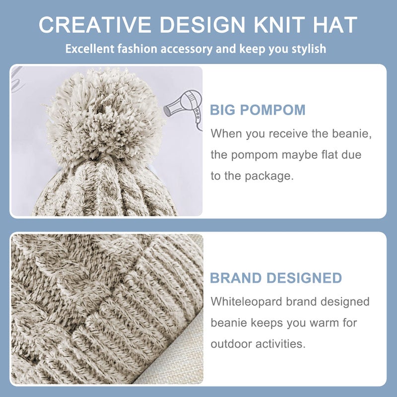 Whiteleopard Women's Winter Beanie Warm Fleece Lining - Thick Slouchy Cable Knit Skull Hat Ski Cap (Cream) - Image 2